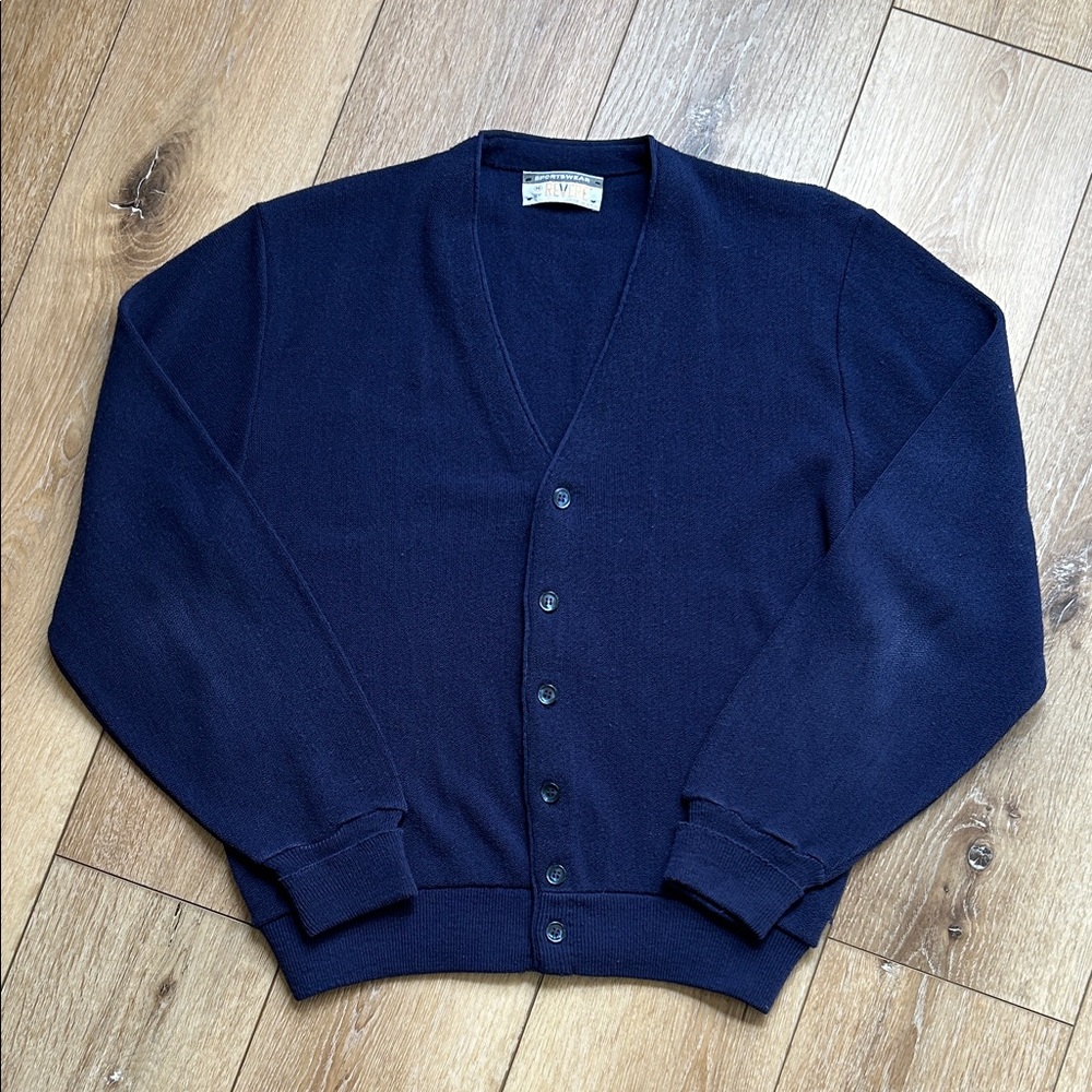 VTG Sportswear By Revere Men MEDIUM Blue V-Neck Button Up Cardigan Grandpa
